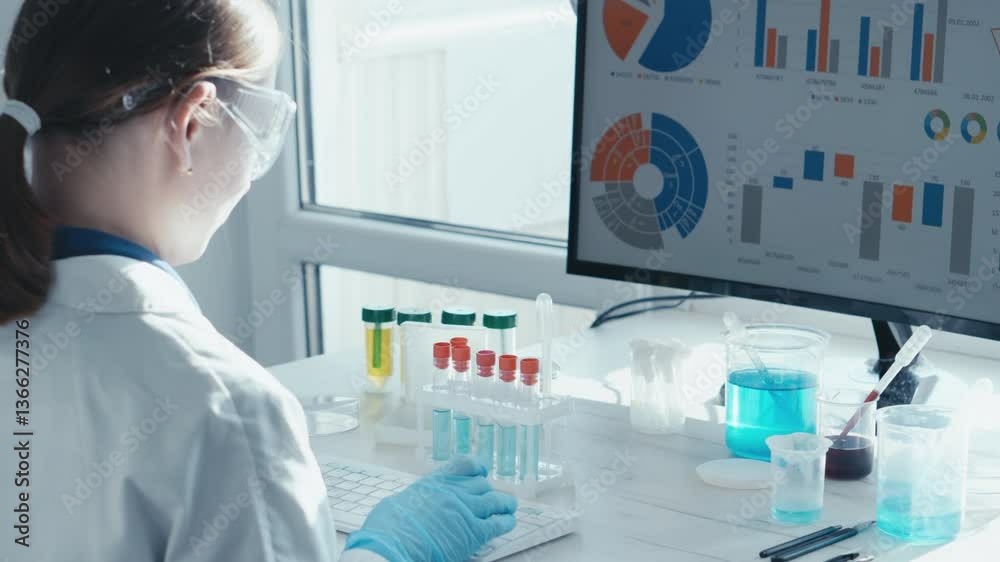 Poster a skilled researcher in a white lab coat analyzes complex data on their computer, surrounded by vibr