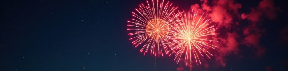 Fototapeta premium Aerial view of fireworks shooting into the air with a burst of light and colour, explosion, radiant glow, dynamic movement