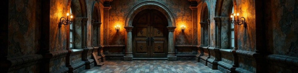 Ancient wooden door in dimly lit hallway with cobweb-covered chandeliers, hallway, dark