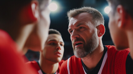 A basketball coach intensely motivating his team during a huddle, all wearing red jerseys, highlighting teamwork and strategy.