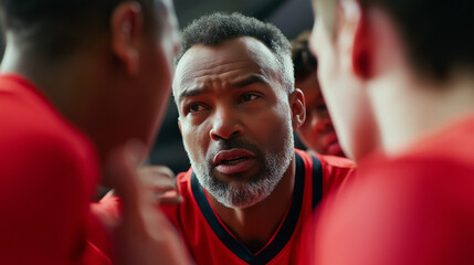 A basketball coach intensely motivating his team during a huddle, all wearing red jerseys, highlighting teamwork and strategy.