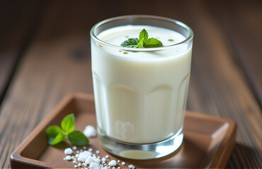 Traditional Turkish Yogurt Drink Made With Yogurt, Water, And Salt Often Served Chilled With A Sprinkle Of Mint.