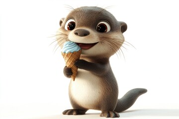 Adorable cartoon otter happily enjoying a delicious light blue ice cream cone.