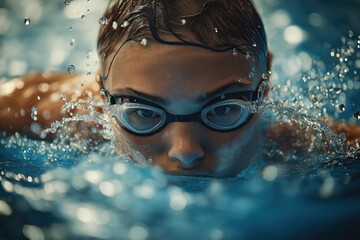 Fototapeta premium Determined Swimmer Powerfully Breaking the Surface in Freestyle Competition