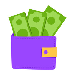 Vibrant purple wallet with green banknotes on white isolated background. Flat financial business illustration in cash payment concept. For postcards, logo.