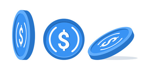 Digital cryptocurrency usdc coin set on white isolated background. Vector financial illustration in blockchain innovation concept. For social media banners, logos, icons.