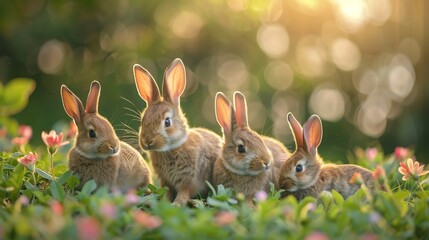 Fototapeta premium Group of playful rabbits hopping joyfully across lush green garden their soft fur catching golden hues of setting sun they nuzzle each other twitch their noses curiously colorful flowers around them