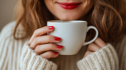 A woman in a cozy sweater holding a white mug close to her face with a gentle smile, evoking warmth, comfort, and relaxation.