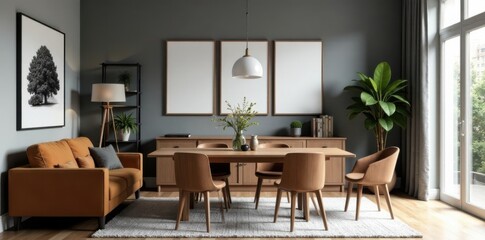 Fototapeta premium Stylish dining room with brown sofa and wooden dining table, black and white photographs on grey accent wall , elegant dining, modern decor