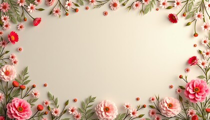 Fototapeta premium Elegant floral frame with delicate pink and red roses on a vintage-style blank paper background.