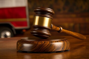Obraz premium A wooden gavel resting on its stand with the blurry background