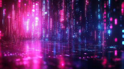 Glowing digital lights stream down with reflections on a surface