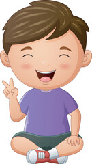 Cartoon cute little boy sitting and posing