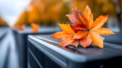 Home HVAC maintenance. Fall cleaning, repair, service. Autumn leaves covering air conditioning units