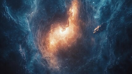 Fototapeta premium Cosmic Odyssey: A Spaceship's Journey Through Nebula's Luminous Depths