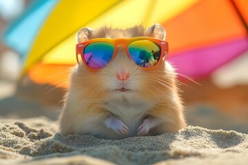 
chomik, uroczy chomik, puszysty chomik, tęczowe okulary, okulary przeciwsłoneczne, plażowy chomik, relaks, plaża, piasek, parasol plażowy, kolorowy parasol, tropikalna sceneria, lato, wakacje, radosn