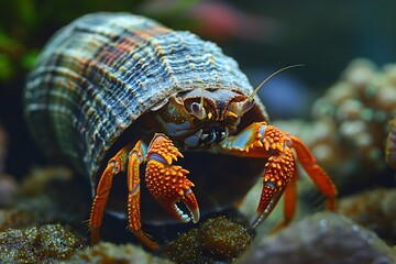 Hermit crab hesitantly peeking out shell its tiny claws barely visible standing motionless in an aquarium corner while its usual playmates scuttle around seemingly uninterested in their games today