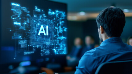 A man observing a large digital screen displaying "AI" with a futuristic interface, symbolizing the intersection of artificial intelligence, business, and technology.