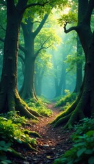 Obraz premium Wooden forest terrain with gnarled tree trunks and foliage , forest floor, earthy tones