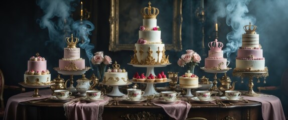 elegant dessert table with pink and gold cake decorations