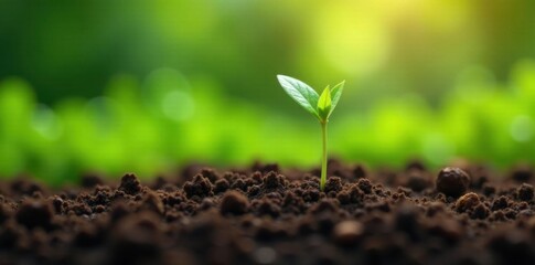 Fototapeta premium Young coffee bean sprouts emerging from fertile soil amidst lush greenery, seedlings, nature, green landscape