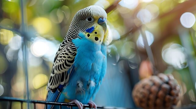 Jittery budgerigar fluttering around its cage feathers fluffed up reacting to the presence of a new pet in the household demonstrating avian anxiety