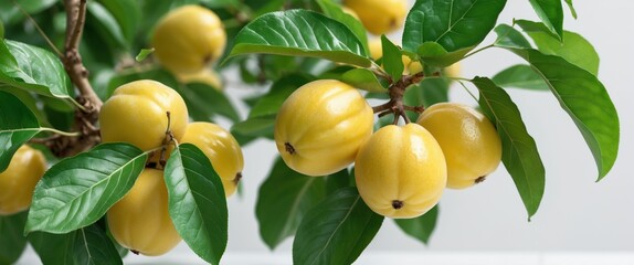 serene orchard with hanging yellow fruits on tree branch