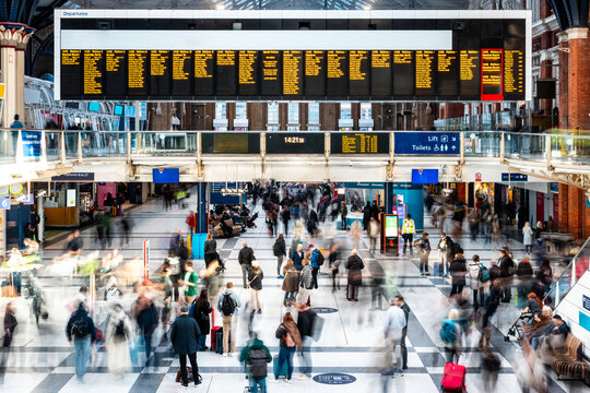 Passengers walking in London liverpool street station concourse
