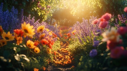 Fototapeta premium Enchanting floral pathway with vibrant blooms and golden sunlight filtering through