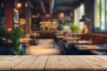 Empty wooden table top with lights bokeh on blur restaurant background.