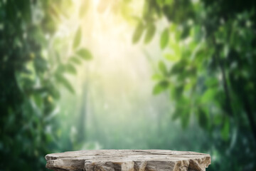 Stone podium on rock platform 3d illustration, grey rock pedestal for a product display stand, green forest and blurred on the background, natural scenery landscape.