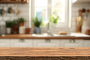 Green Empty wooden table with the bright white interior of the kitchen as a blurred background behind the bokeh golden sunshine