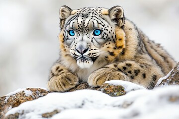 Obraz premium Majestic snow leopard resting in winter habitat with piercing blue eyes