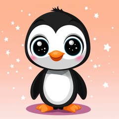 Fototapeta premium Adorable Cartoon Penguin Chick with Big Eyes on Peach Background