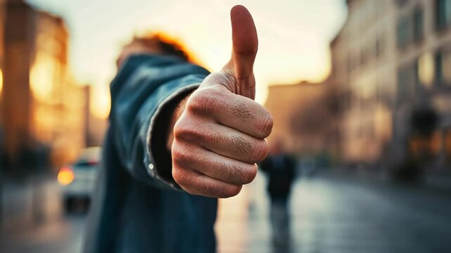 Person giving a thumbs up gesture in an urban setting during sunset, expressing positivity and affirmation