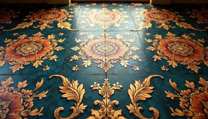 Damask floors with intricate gold designs and floral motifs, pattern, gold, motif