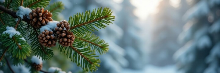 Lush fir branches and pine cones in winter scene, frosty, woodland, evergreen trees