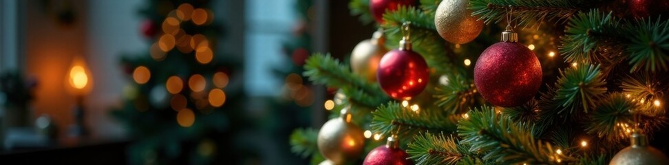 Luxurious Christmas tree adorned with glittering baubles and shiny garlands, glittering, sparkling