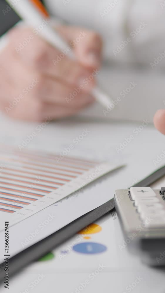 Poster a skilled professional reviews financial documents, making insightful notes and showcasing a detaile