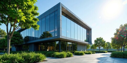 Fototapeta premium Modern office building with gleaming glass facade and greenery, architecture, sky