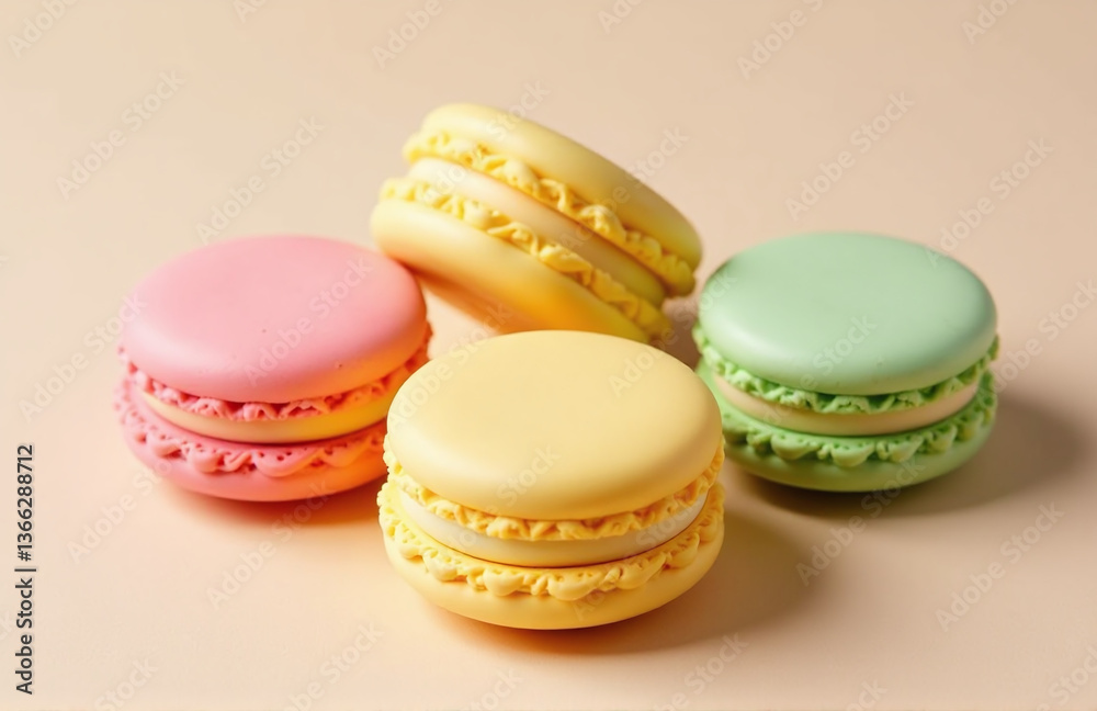 Poster pink, yellow, and green macaroon cookies are showcased on a soft beige surface in a visually appeali