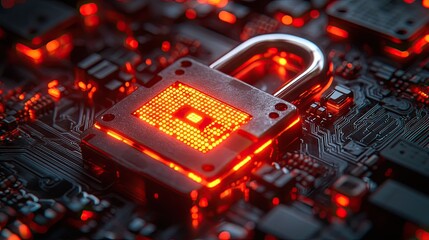 A glowing padlock representing security on a circuit board
