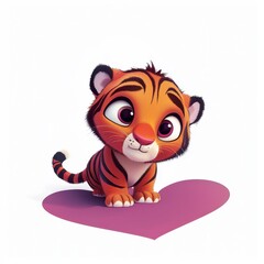 Obraz premium Adorable Cartoon Tiger Cub on Purple Heart