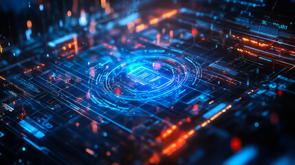 Fototapeta premium Futuristic digital landscape with vibrant blue and orange circuitry glowing in an intricate pattern