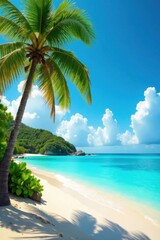 Obraz premium Palm trees sway gently in the ocean breeze amidst turquoise waters and warm sandy beach, sunny day, tropical island
