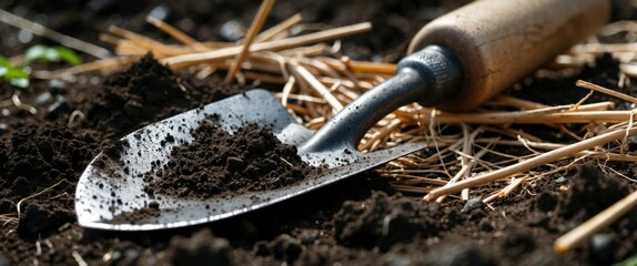 rustic shovel resting in earthy soil illustration concept