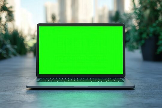 Open laptop with a vibrant green screen, set outdoors on a sunny day.