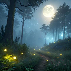 Mystical Night Forest: Full Moon, Glowing Fireflies Path