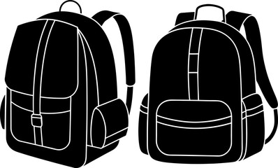 Backpack line art vectors collection black and white, Vector of black stylish backpack set design