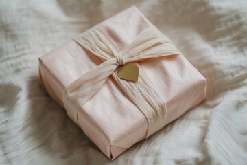 A delicately wrapped blush pink gift box with a beige fabric ribbon and gold tag rests on a soft white fabric.
